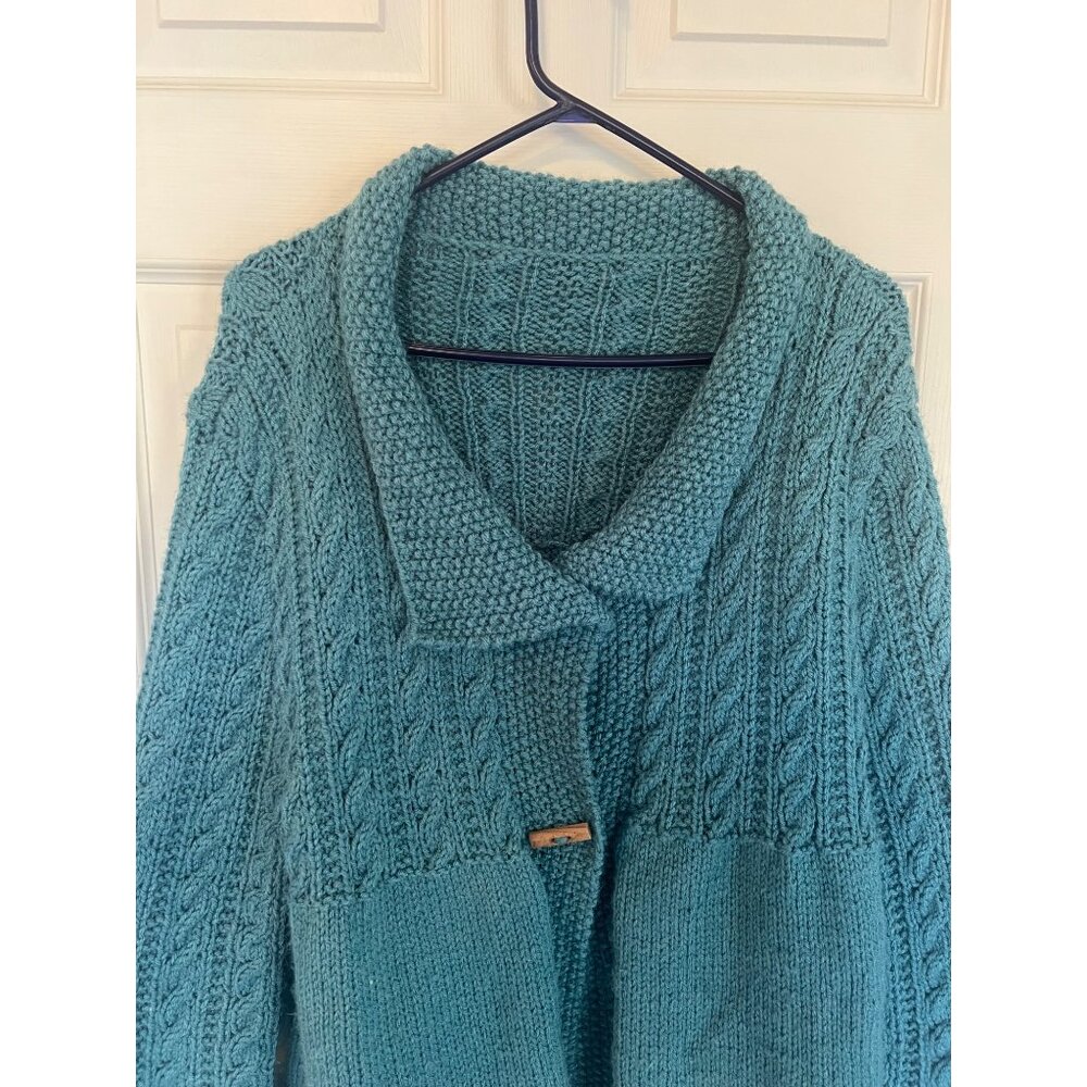 Handmade Blue Cable Knit Bell Sleeve Cardigan Sweater Size Medium - Picture 2 of 10